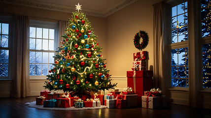 Holiday illumination and decoration concept - christmas garland bokeh lights over dark blue background, a cozy living room with a fireplaceling in the background, Illustration