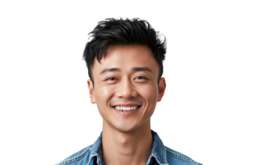 Smiling Korean male looking at camera isolated on transparent background. Handsome young asian guy posing for picture