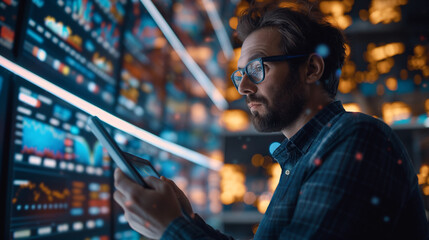 Highlight the speed and accuracy of AI technology in data analysis by creating an image of a businessman using a tablet to analyze large data sets in a time-sensitive scenario