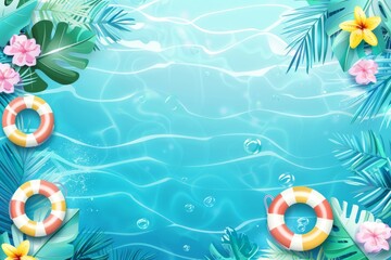 Tropical summer beach background with coconut tree, beach umbrella, chair and summer element vector illustration. summer vacation concept.. 3d rendering