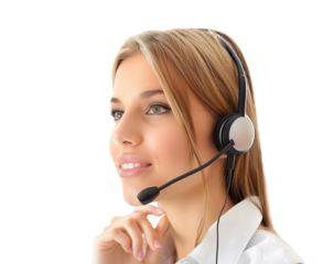 Call center agent with headset working on support hotline. Portrait of positive agent in conversation with customer over headset on transparent