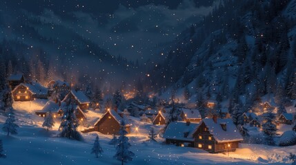 Nighttime snowing in the Alps, a mountain village with wooden houses covered snow