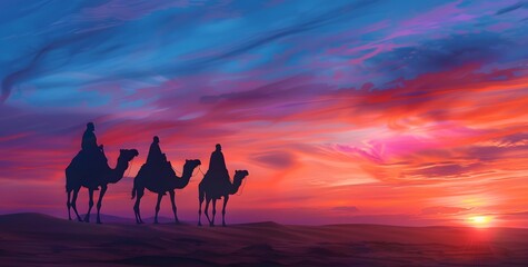 Silhouette of three wise men riding camels in the desert with sunset sky and copy space for text