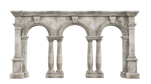 antique arch with column ionic order, Ancient Classic Greek pillar, Roman Columns, Architecture facade elements isolated on transparent background