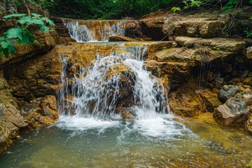 Tranquil small waterfall flows over layered rocks surrounded by vibrant green foliage