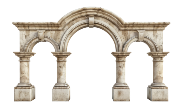antique arch with column ionic order, Ancient Classic Greek pillar, Roman Columns, Architecture facade elements isolated on transparent background