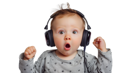 funny baby little boy in headphones on transparent