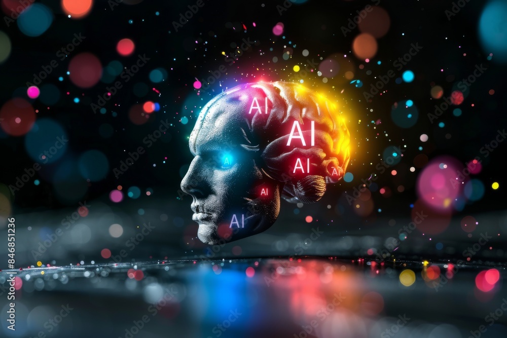 Aufkleber ai brain hologram amidst digital particles, illustrating the sophistication and power of artificial 