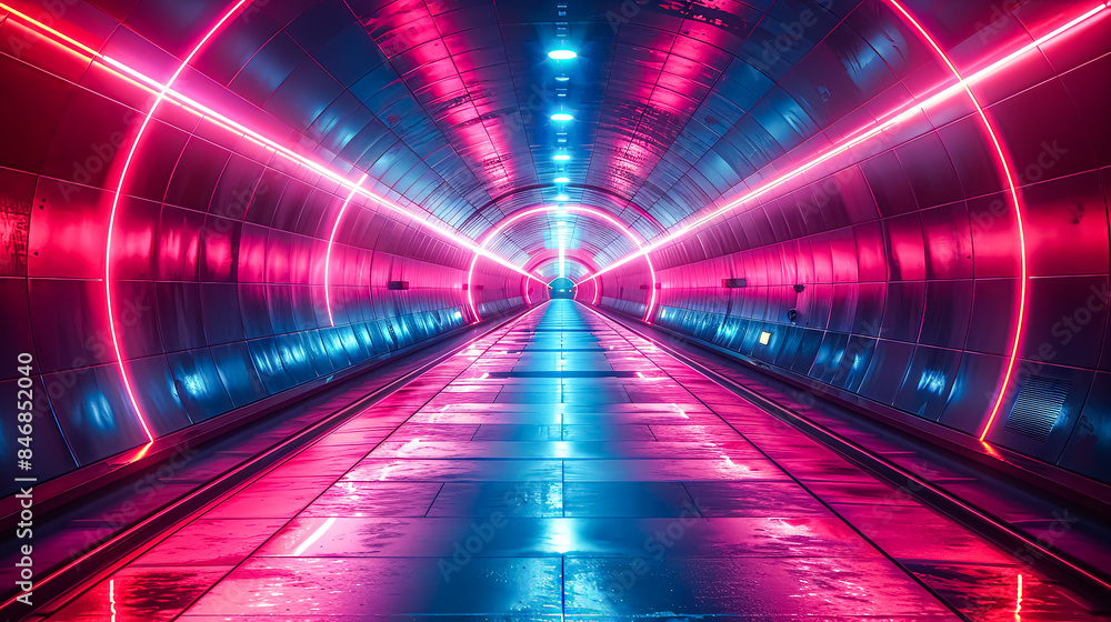 Wall mural a futuristic tunnel illuminated with vibrant neon lights, featuring a striking red planet at the cen