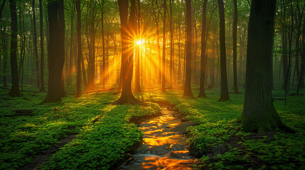 Obraz premium A sunbeam shines through the trees, illuminating a path