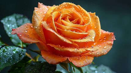 A beautiful orange rose with dew drops on it