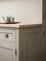 Fragment of modern white kitchen interior design, base cabinet and work surface, details, vertical image.