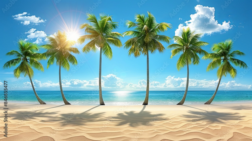 Wall mural a beautiful beach scene with palm trees and a blue ocean - Wall murals