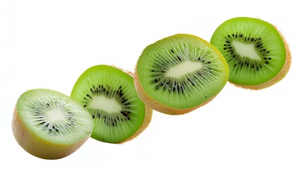 Fototapeta premium Fresh green kiwi slices fall and float in the air. Kiwi fruits flying isolated on a white background. Healthy eating concept, vitamins in tropical fruits and juices.