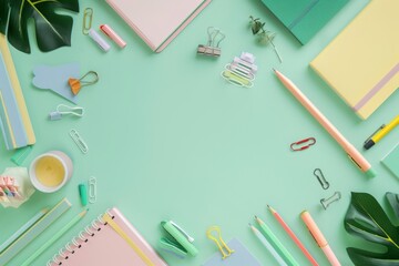 Minimalistic flat lay of colorful stationery and notebooks on a teal background