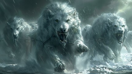 A large white wolf with its mouth open, surrounded by snow. The wolf is standing on its hind legs and appears to be growling or howling.