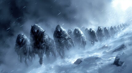 A group of wolves walking through the snow, with some of them wearing saddles. The wolves are in a line and appear to be moving together.