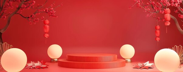 Elegant red background podium with gold decor and floral elements