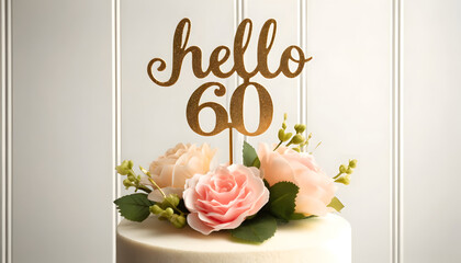 Elegant 60th Birthday Cake with Gold "Hello 60" Topper and Pink Rose Floral Decorations