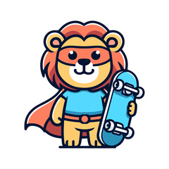 Obraz premium cute lion hero playing skateboard icon character