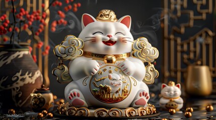 Obraz premium Lucky cat, with some small clouds and fish on its background, it has gold ingots around it to symbolize wealth, on black background