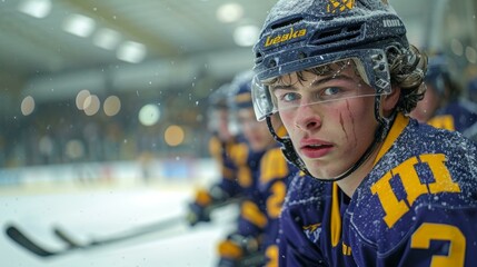 A young man wearing a helmet and a jersey with a bruise on his face, possibly from a recent game. He is looking at the camera with a determined expression.