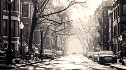 A black and white photo of a city street with a row of cars and a group of people walking down the sidewalk