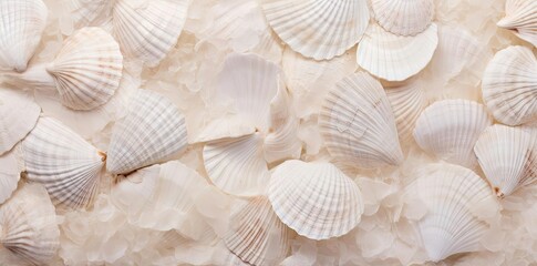 shell textured background with a variety of shells arranged in a row, including a cluster of seashells, a cluster of seashells arranged in a row, and a cluster of seas