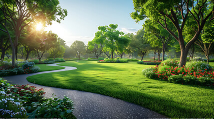 Fototapeta premium Tranquil Park Setting with Winding Path and Lush Green Landscape 