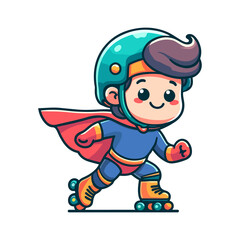 cute child hero playing roller skating icon character