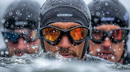 A man in a wetsuit is swimming in the water, wearing goggles and a cap. He is surrounded by other people in the water.