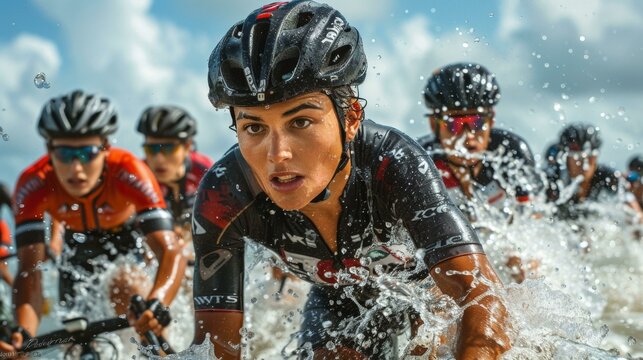 A person wearing a wetsuit is running through the water, possibly participating in a triathlon or a water-based sport. The person is wearing a helmet and appears to be focused on their goal. - Powered by Adobe