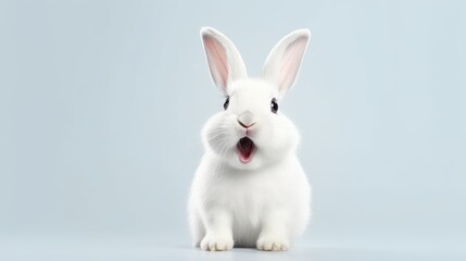 Obraz premium cute animal pet rabbit or bunny white color smiling and laughing isolated with copy space for easter background, rabbit, animal, pet, cute, fur, ear, mammal, background, celebration, generate by AI