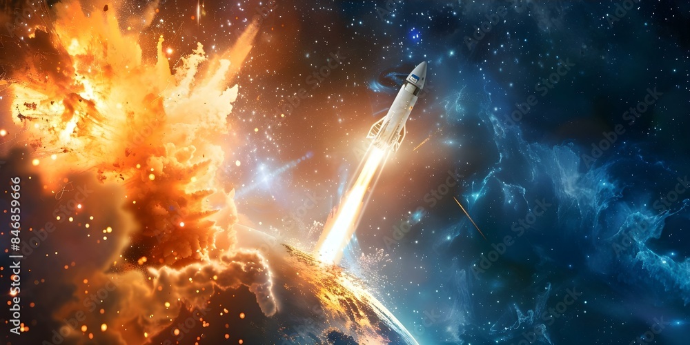 Poster rocket escapes exploding planet in dramatic space scene with cosmic backdrop. concept space, rocket,