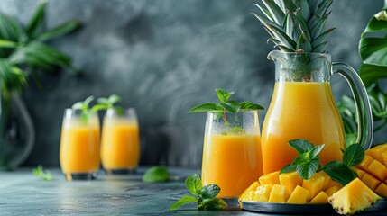 Refreshing summer drink, mango and pineapple smoothie in a jug and glasses, isolated on a light backdrop, photo-realistic