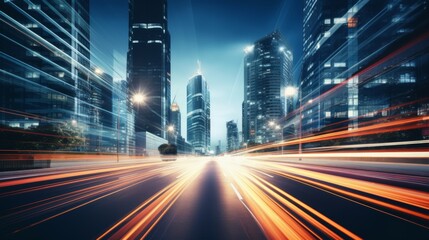 Light trails on the modern building background. Light trails at night in urban environment, Abstract Motion Blur City, traffic, transportation, street, road, speed