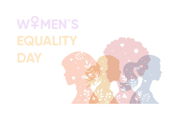 Banner, poster Womens Equality Day. Female silhouette, with flowers.