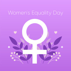 Banner, Womens Equality Day poster. Sign Venus on a background of flowers. Purple background.