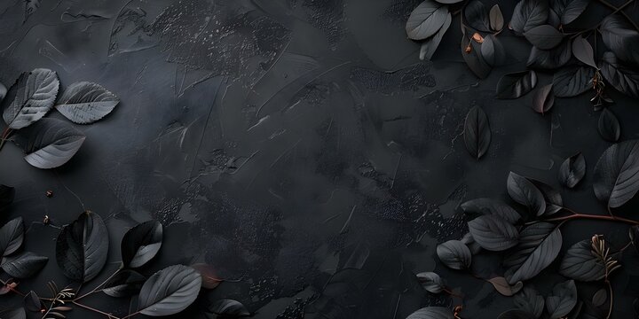 Black frame with delicate leaves on dark background suitable for somber themes. Concept Dark Aesthetics, Minimalist Design, Decorative Leaves, Black Frame, Somber Themes