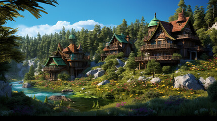 Obraz premium Wooden eco country houses in pinery forest Hypn background