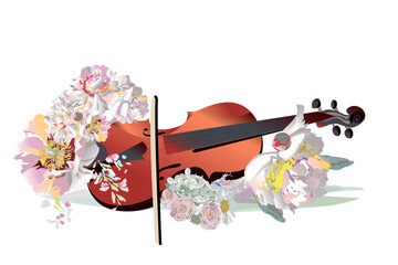 Musical design with a violin decorated with summer and spring flowers, notes, birds. Light and relax music. Hand drawn vector illustration. © Anna Laifalight