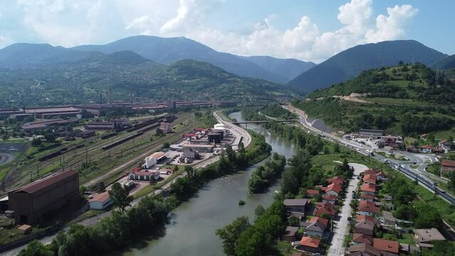 Drone shot of Freight train yard of Zenica, Zeljezara, Bosnia