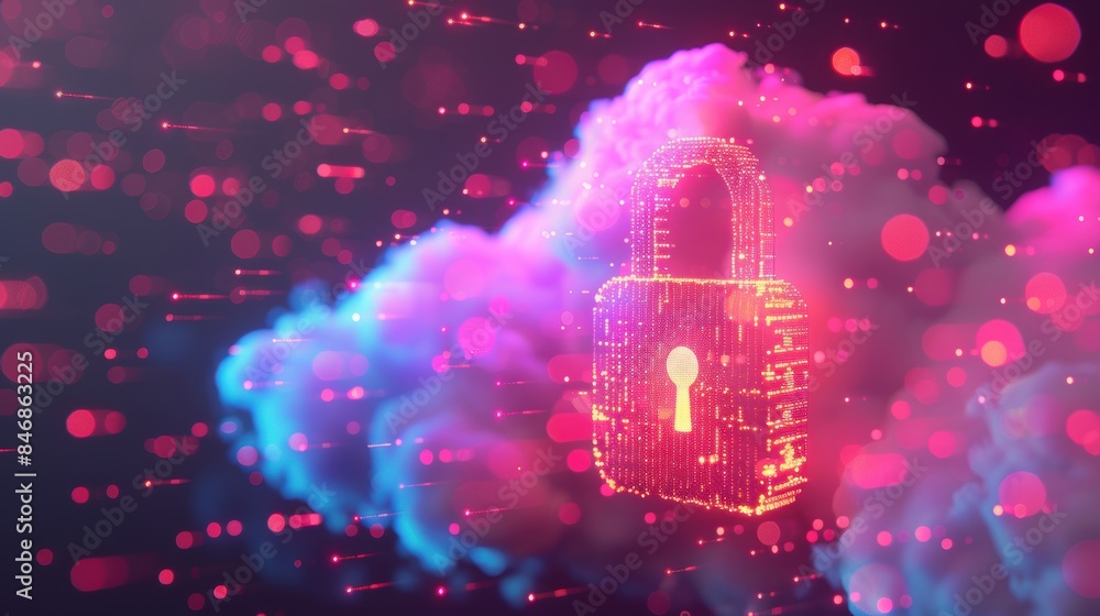 Poster cyber data storage with padlock sign and light cloud background