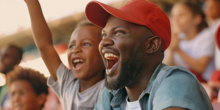 Overjoyed male fan cheering with a child at a daytime sports event