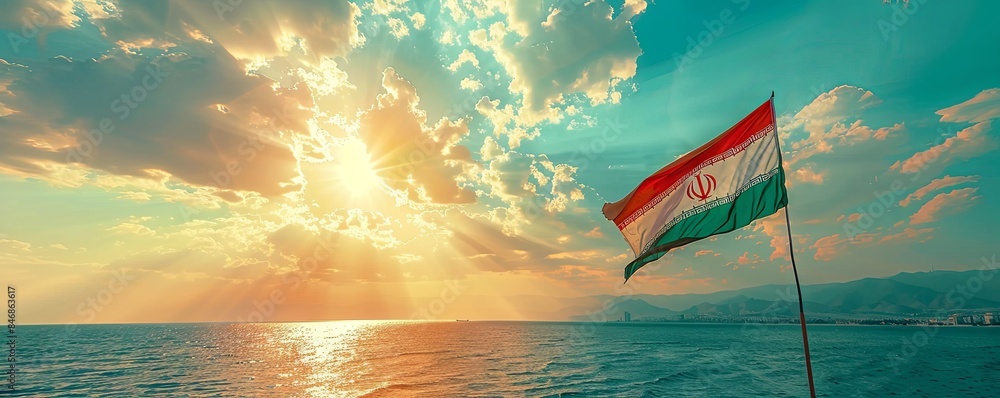 Wall mural Iran flag fluttering against a bright, blue sky