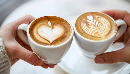 Two people holding coffee cups with latte art in the shape of a heart, toasting and clinking mugs