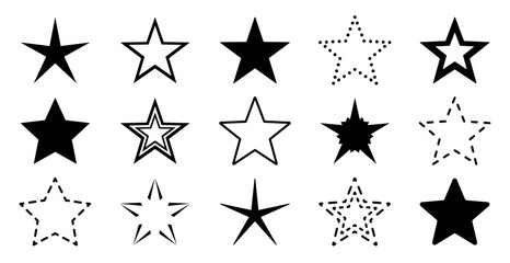 Collection of black vector stars in various styles for logo designs, icons, and decorations - Outline, flat, dashed line, and abstract stars - Set of stars isolated on a white background