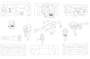 Top View Sofa Seating Vector Bundle - Diverse Men, Women, and Kids Relaxing on Various Sofas