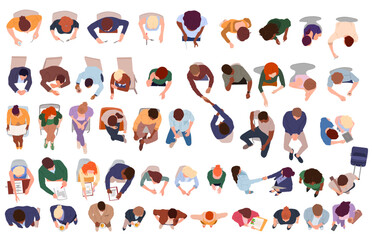 Sitting people top view. People sit on different chairs with laptops, books and phones. Men and women at a table eating, talking. business table.. Vector guys and girls on seats set