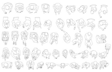 Sitting people top view. People sit on different chairs with laptops, books and phones. Men and women at a table eating, talking. business table.. Vector guys and girls on seats set